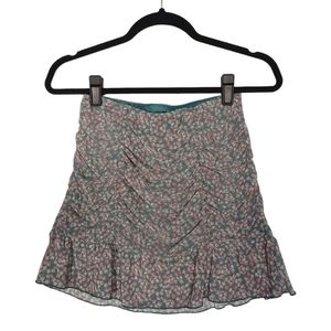 KURIOUS LOS ANGELES Green Teal Pink Floral Print Ruched Ruffle Mini Skirt S
